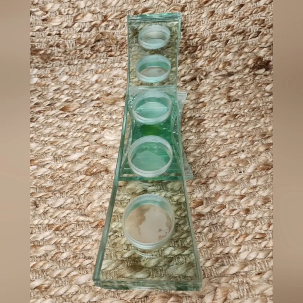 PartyLite Tea Light Candle Holder.Thick Green Glass Stacked Pedestal.Modern.Gift